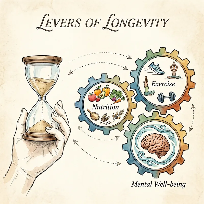 Illustration titled Levers of Longevity: a hand holding an hourglass beside interlocking gears labelled Exercise, Nutrition and Mental Well-being