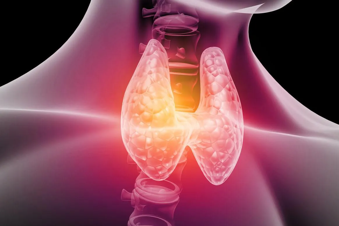 Glowing 3D illustration of the thyroid gland in a human neck